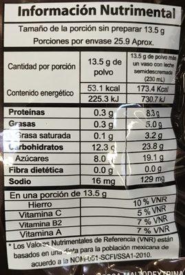 Chocolate en polvo nutrition facts table