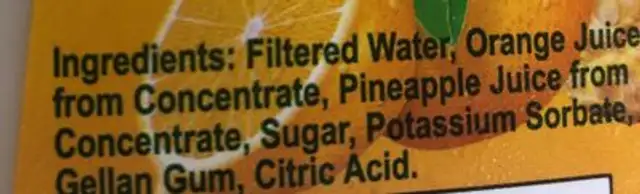 Orange Puneapple ingredients label