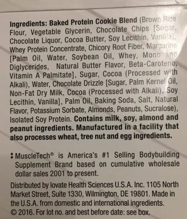 Muscletech Protein Cookie - 1 Cookie Triple Chocolate ingredients label