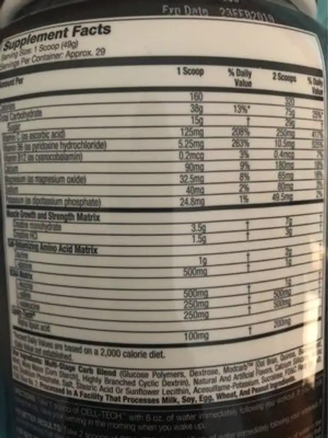 Cell-tech Performance Series Muscletech (raisin - 1,4 KG) nutrition facts table