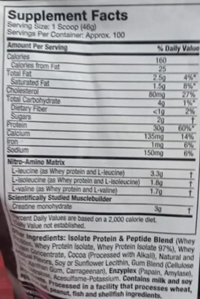 Nitro tech nutrition facts table