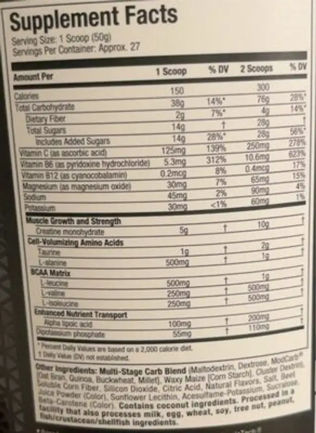 Cell Tech Creatine - Tropical Citrus Punch nutrition facts table