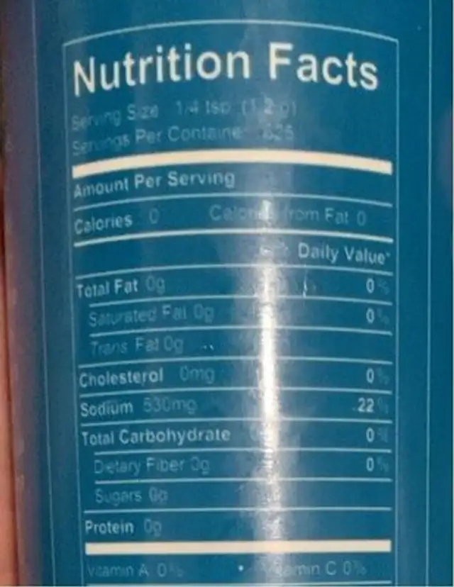 Fine sea salt nutrition facts table