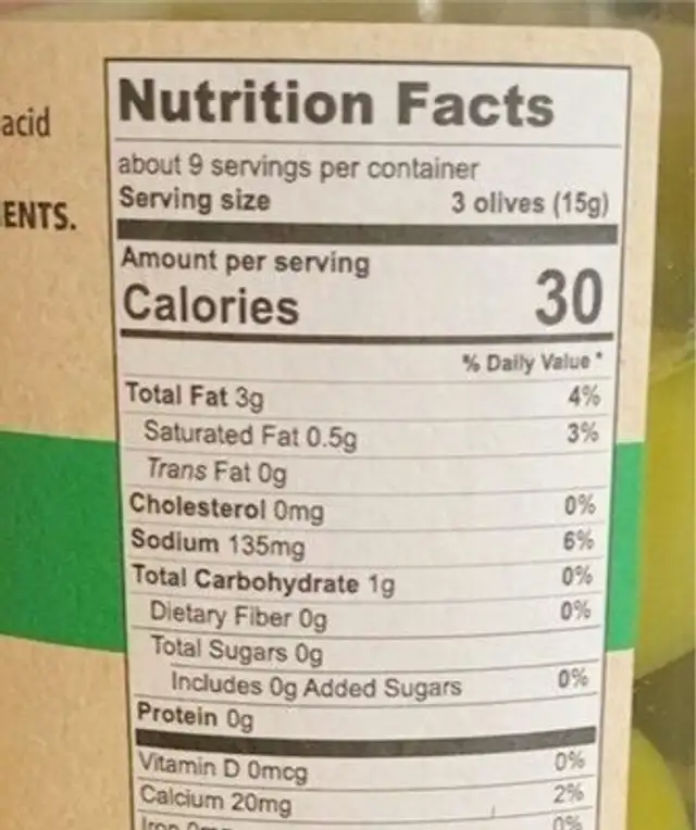 Pitted Frescatrano Olives nutrition facts table