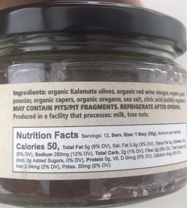 Organic kalamata olive spread nutrition facts table
