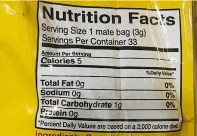Traditional Yerba Mate Bags nutrition facts table