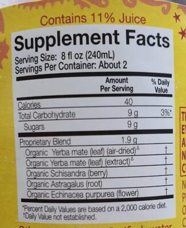 Yerba Mate nutrition facts table