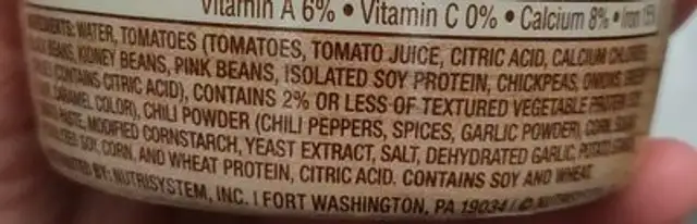 nutrisystem vegetarian chili ingredients label