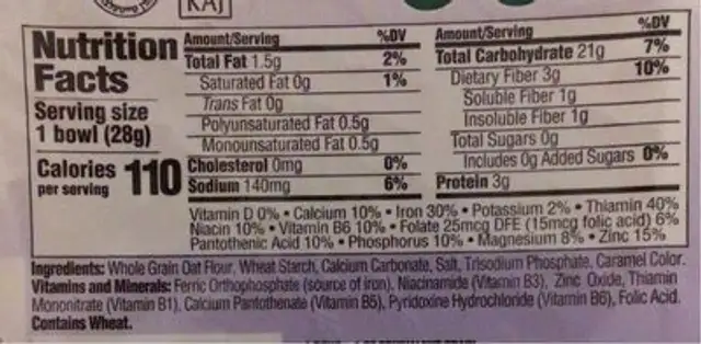Toasty O’s cereal nutrition facts table