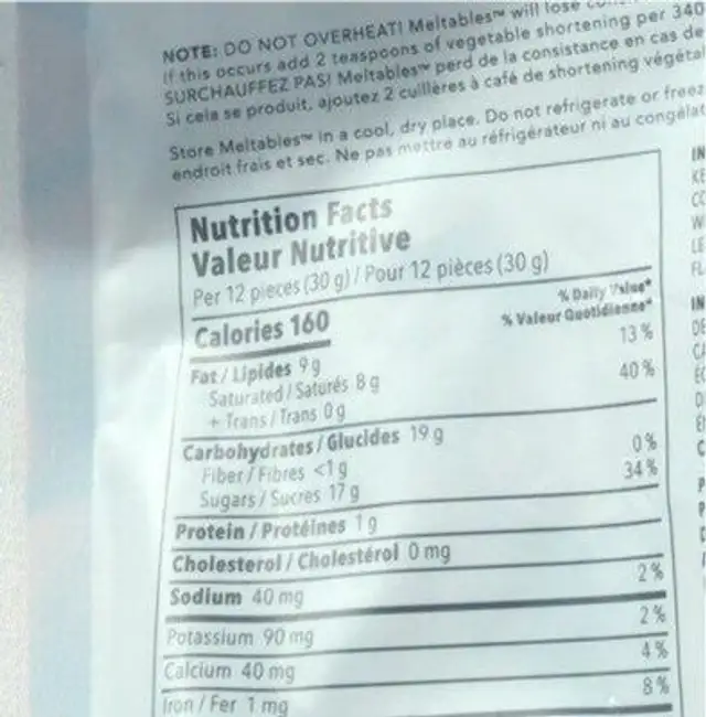 Meltables nutrition facts table