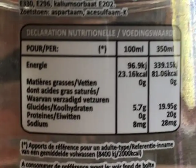 Flavoured bubbly water nutrition facts table