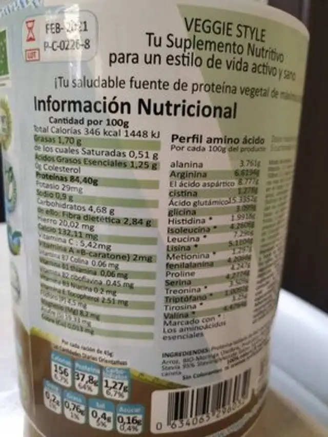 Proteína & moringa nutrition facts table