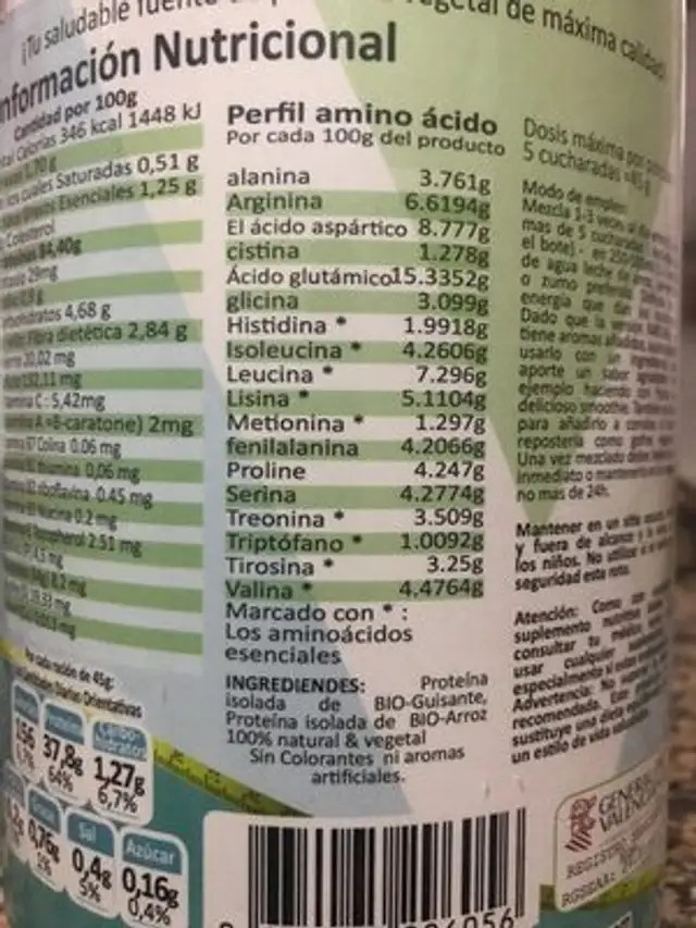 85% Proteina Crudo Vegano ingredients label