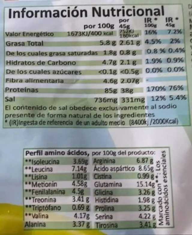 85% Proteina Crudo Vegano nutrition facts table