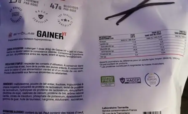 Gainer HT nutrition facts table