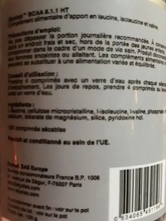 BCAA8.1.1 ingredients label