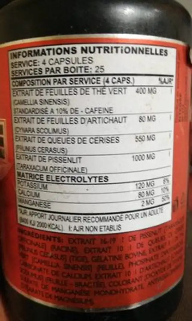 OXYDRINE nutrition facts table