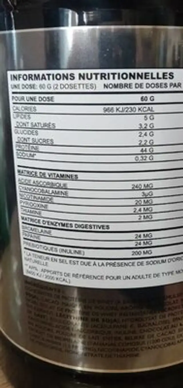 Whey advanced nutrition facts table