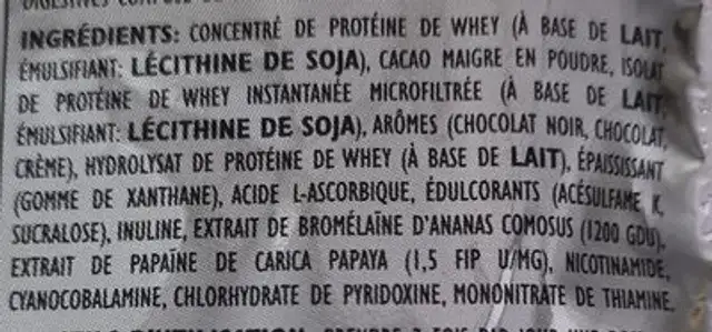 Whey Advanced Elite System Series ingredients label