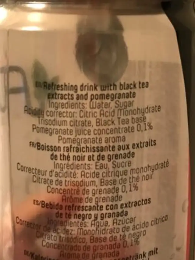 Iced tea ingredients label