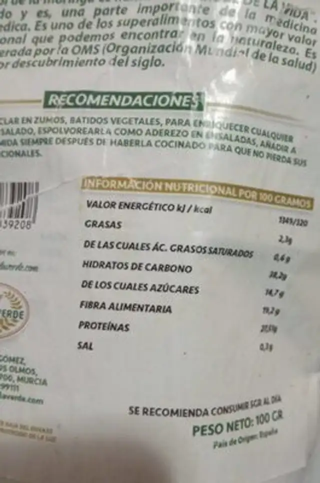 Moringa en polvo nutrition facts table