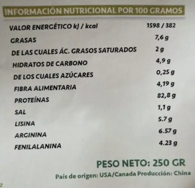 Proteina de guisantes nutrition facts table