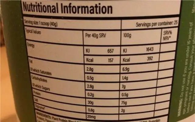 Jp Vegan Protein nutrition facts table