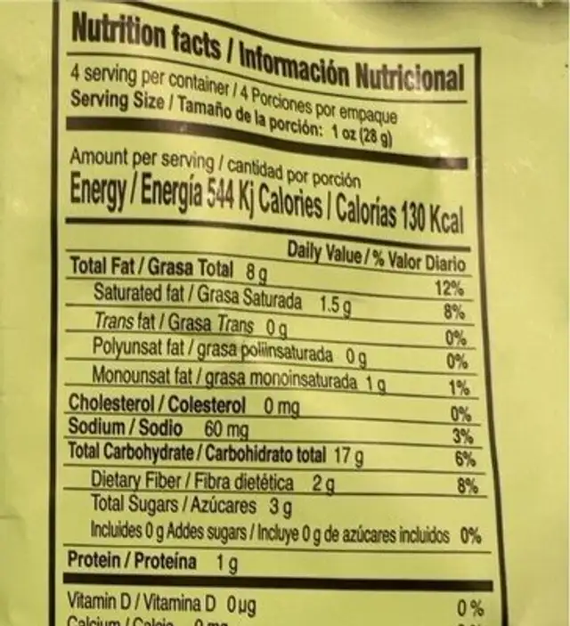Plantain Chips nutrition facts table