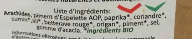 Cacahuètes piment d'espelette grillées à sec ingredients label