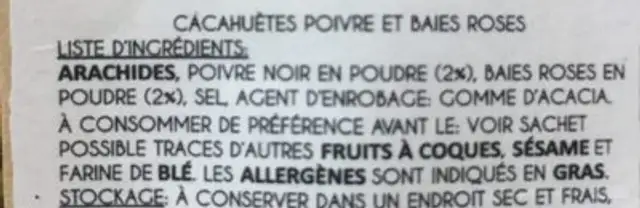 Cacahuète torréfiées à sec Poivre -Baies roses ingredients label