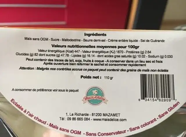 Caramel beurre sale ingredients label