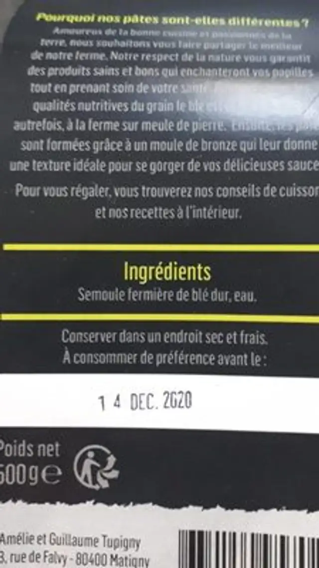Nos blés purs ingredients label
