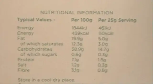 Cornish Sea Salt Thins nutrition facts table