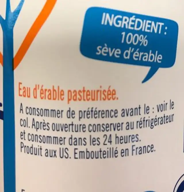 Maple Water ingredients label