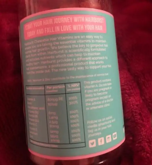 Hairburst Strawberry Chewable Vitamins - 60 Gummies ingredients label