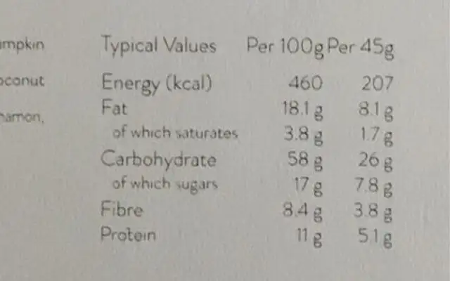 Oat & Nut Granola nutrition facts table