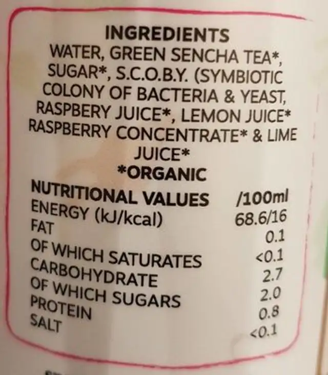 Wild Fizz Kombucha - Raspberry Lemonade nutrition facts table