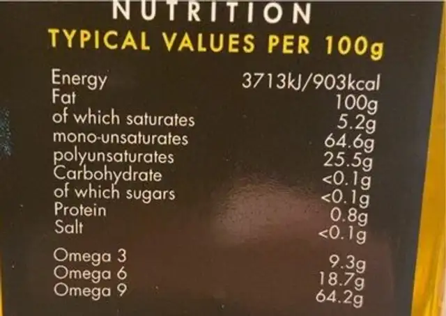 British cold pressed rapeseed oil nutrition facts table