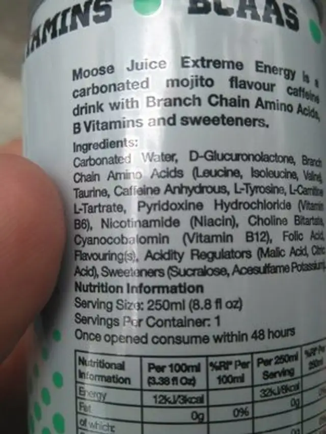 Moose Juice ingredients label