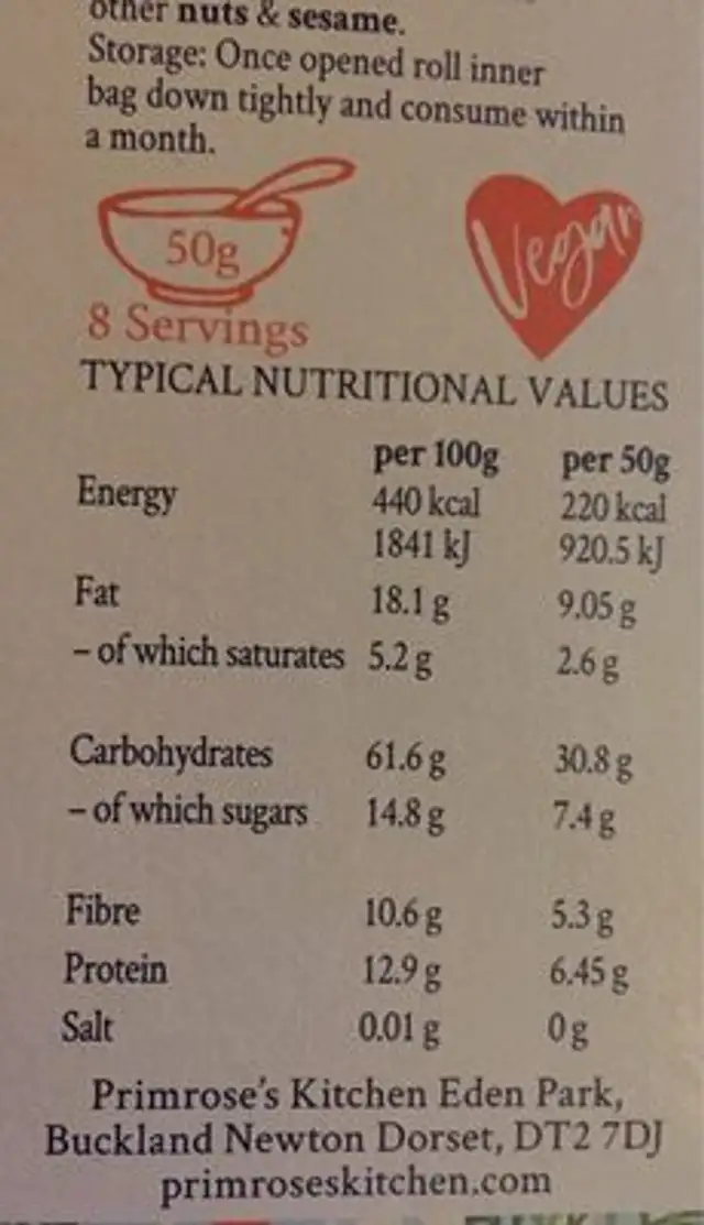 Raw carrot, apple and cinnamon muesli nutrition facts table