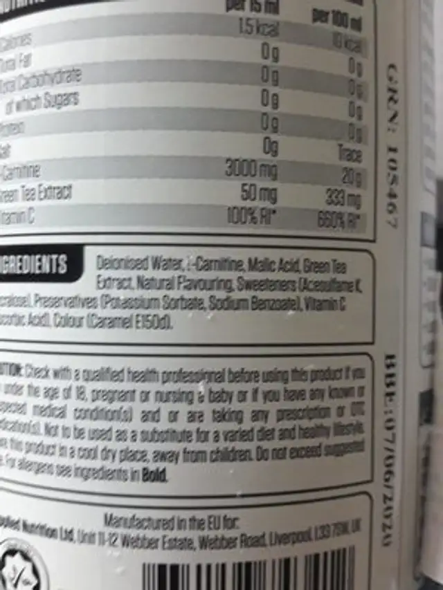 L-carnitine liquid 3000 ingredients label