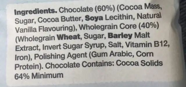 Crunchy chocolate squares ingredients label