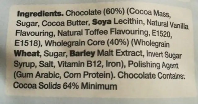 Crunchy salted caramel chocolate squares ingredients label