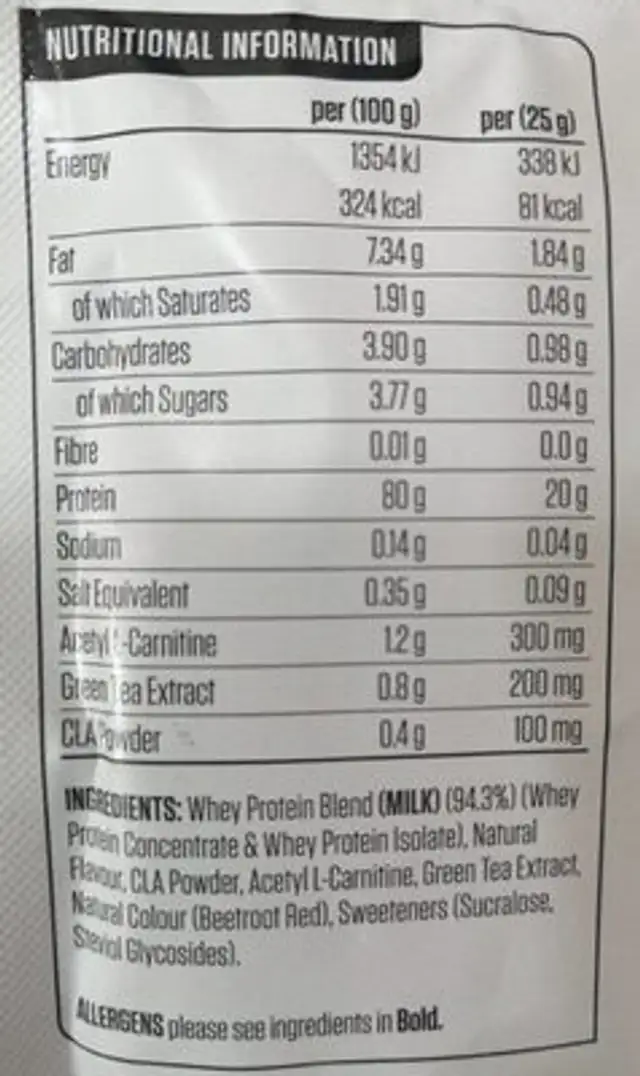Diet whey nutrition facts table