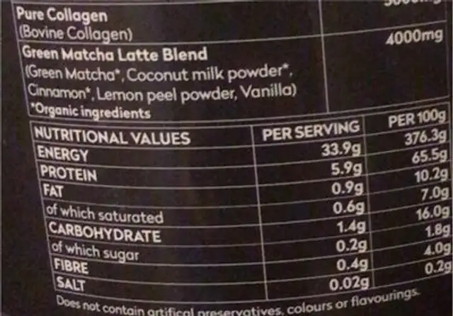 Pure collagen matcha latte nutrition facts table
