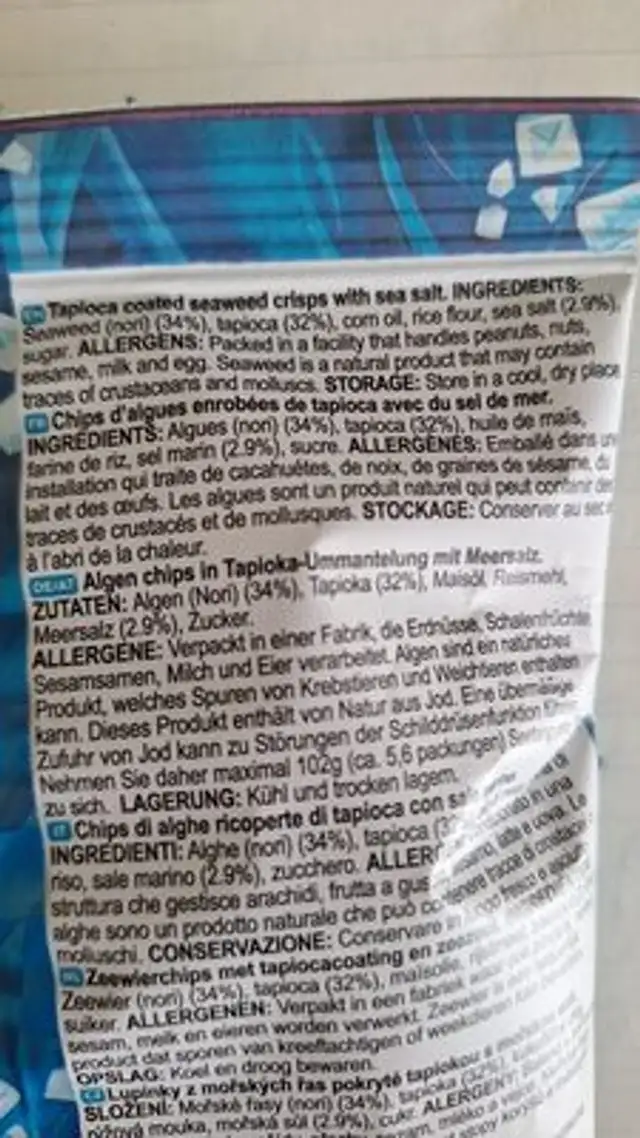 Seaweed crisps ingredients label