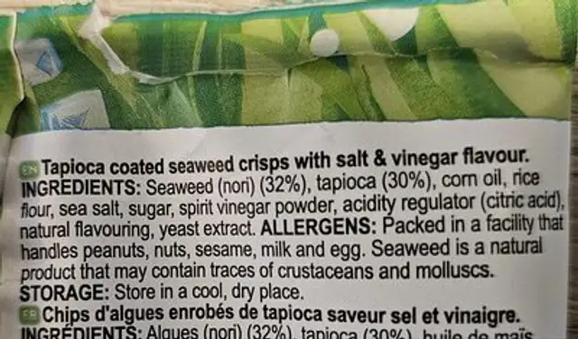Seaweed crisps ingredients label