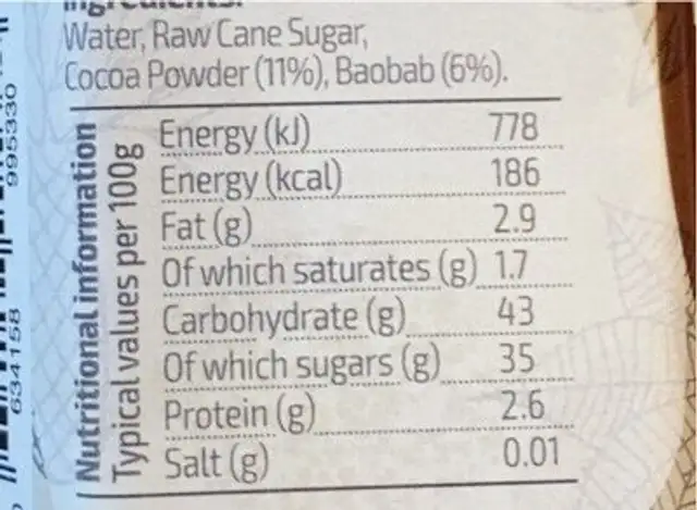Baobab chocolate spread nutrition facts table