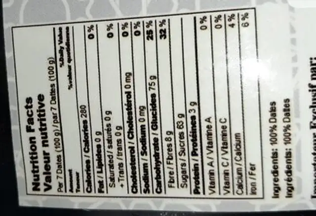 Safawi nutrition facts table