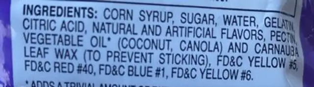 Mini gummi worms ingredients label